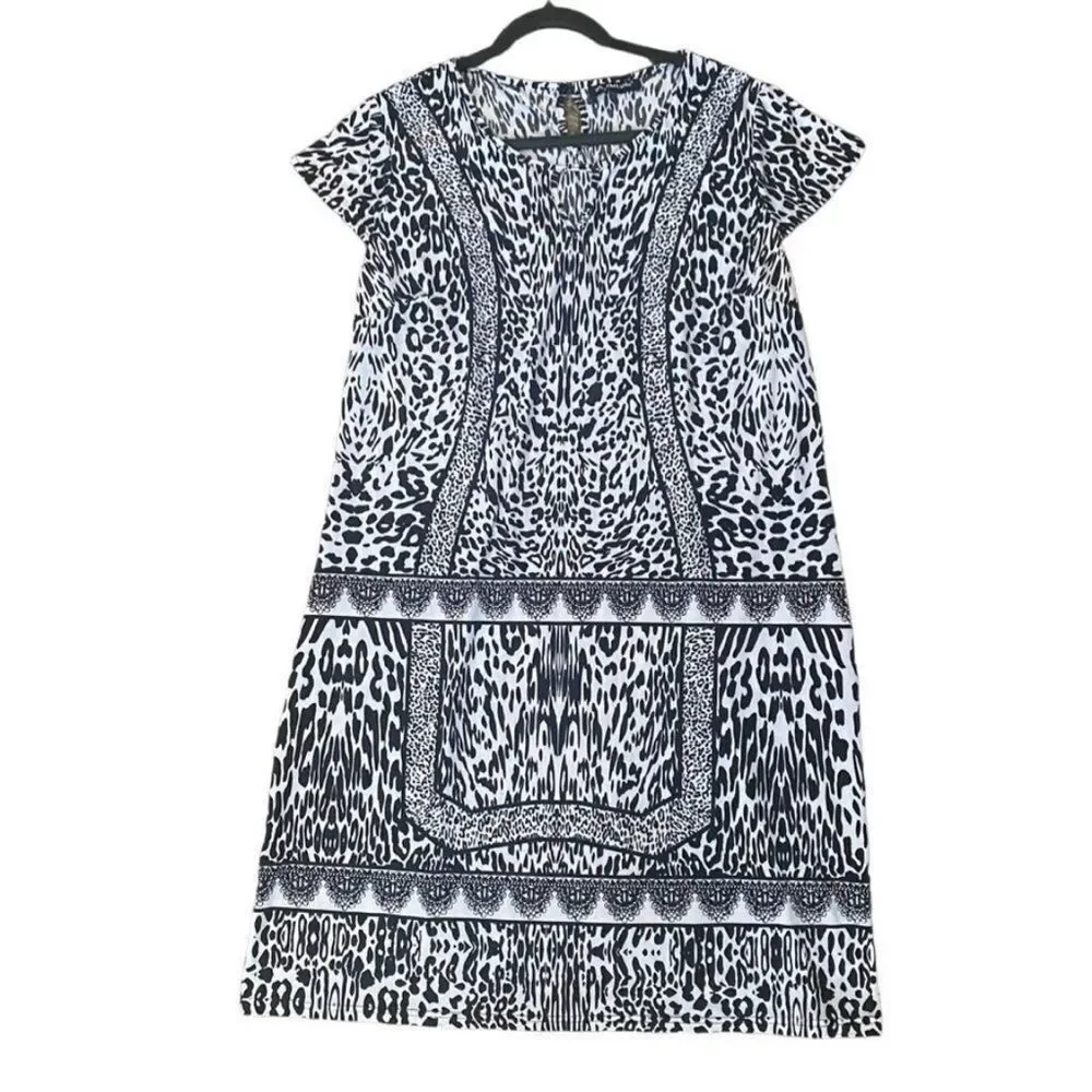 Mlle Gabrielle Black White Multi Print Cap Sleeve Dress Size 2X Stretch - Picture 1 of 8